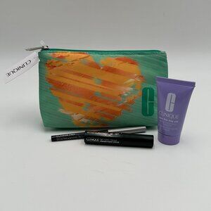 Clinique Green with Orange Heart Cosmetic Bag 4-Pc. Set, new/NWT